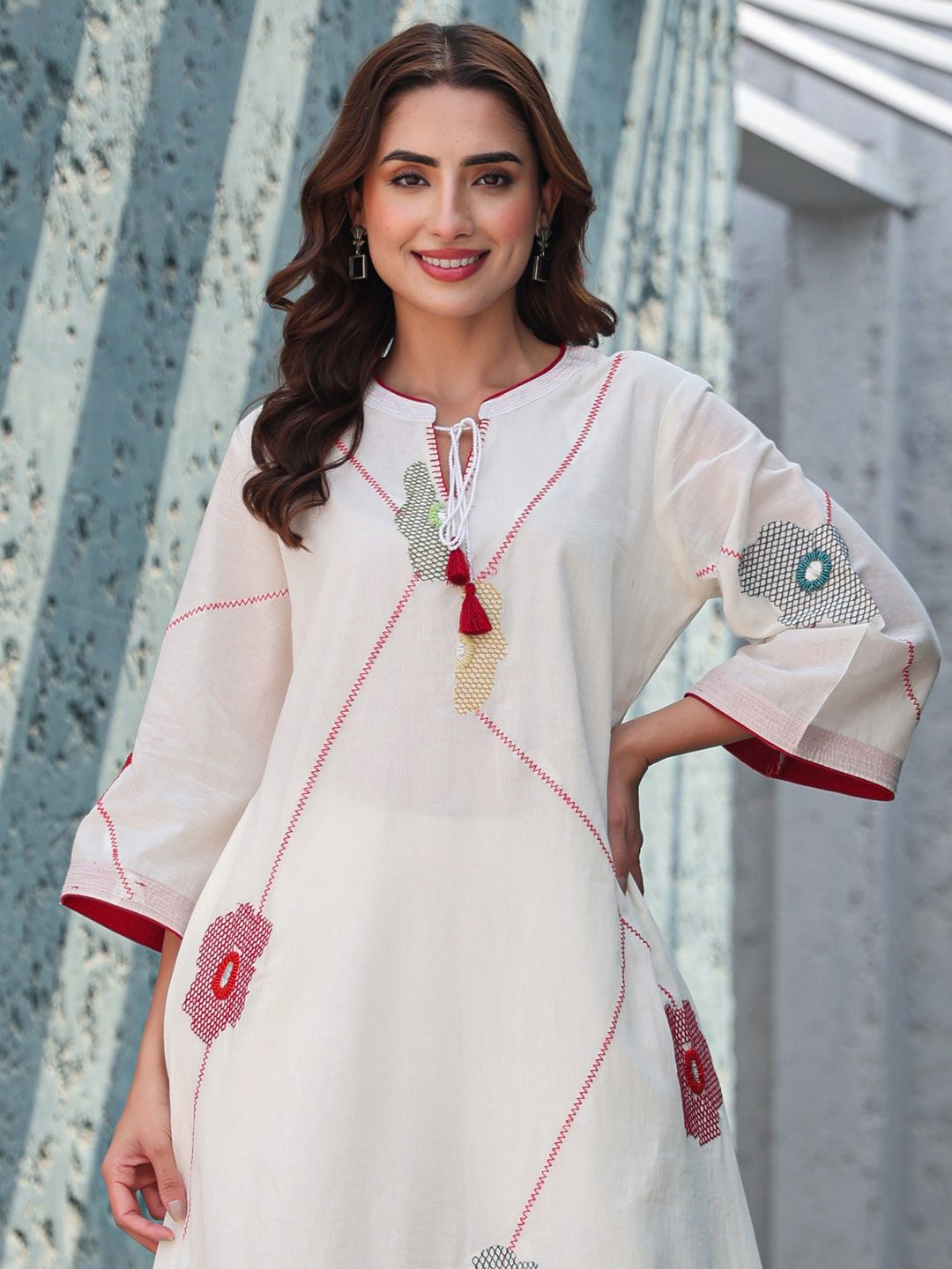 Dhiyona IE Floral Embroidered Mirror Work Tie-Up Neck Pure Cotton A-Line Kurta With Trousers