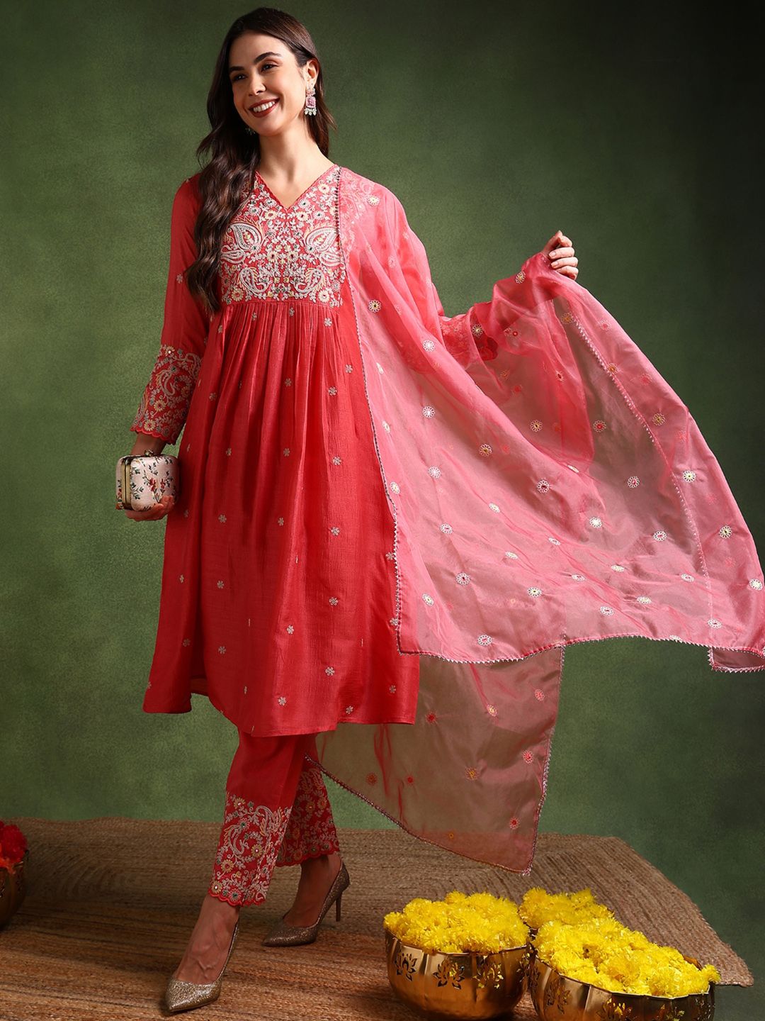 Dhiyona KL Floral Embroidered V-Neck Pleated A-Line Kurta with Palazzos & Dupatta