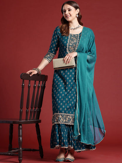 Dhiyona AN Printed Sequined Kurta with Sharara & Dupatta