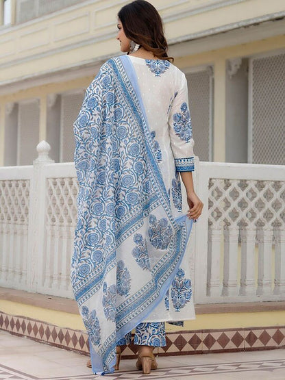 Dhiyona KL Floral Printed Regular Mirror Work Pure Cotton Straight Kurta With Salwar & Dupatta