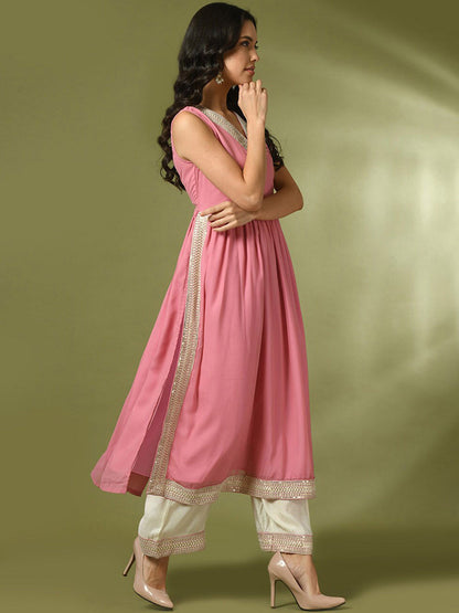 Embroidered Sequined A-Line Kurta With Trousers
