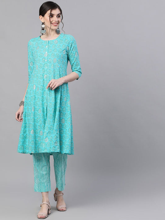 Dhiyona IS Women's Women Blue Printed Kurta with Trousers