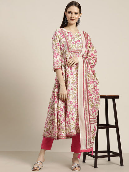 Dhiyona RR Women's Pink Floral Printed Sequinned Pure Cotton Kurta with Trousers & With Dupatta