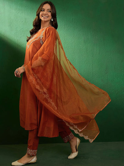 Women's Embroidered Boat-Neck Kurta With Trousers & Dupatta