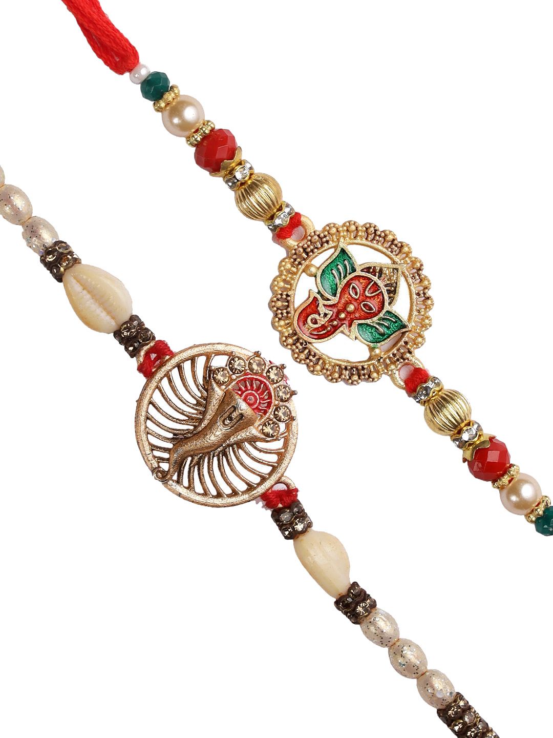 Dhiyona Set Of 2 Red Lord Ganesha Rakhis Comes With Roli Rice & Greeting Card