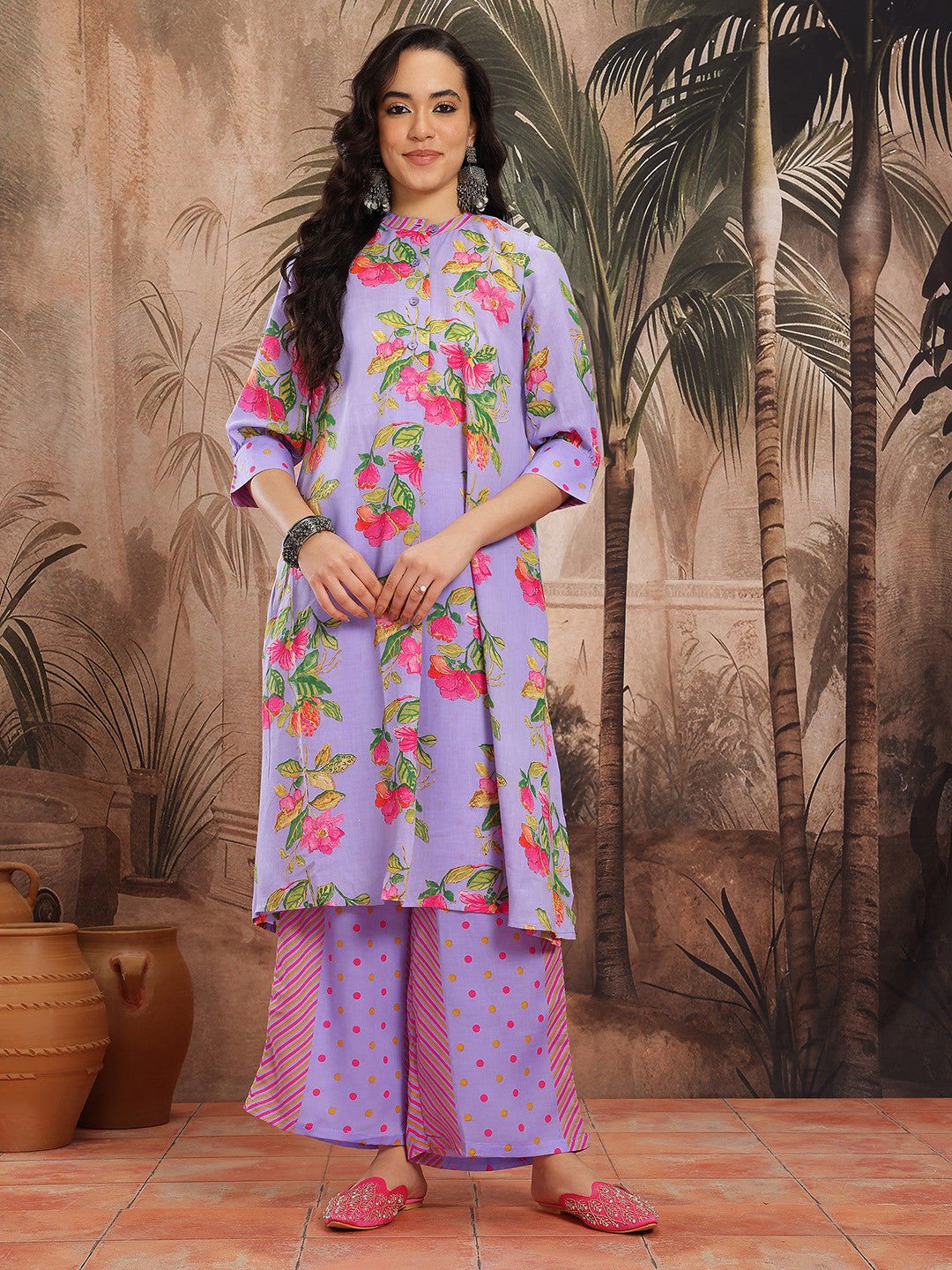Floral Printed Band Collar A-Line Kurta with Palazzos