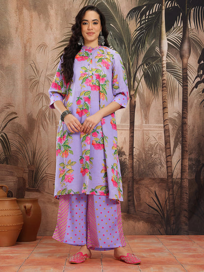 Floral Printed Band Collar A-Line Kurta with Palazzos