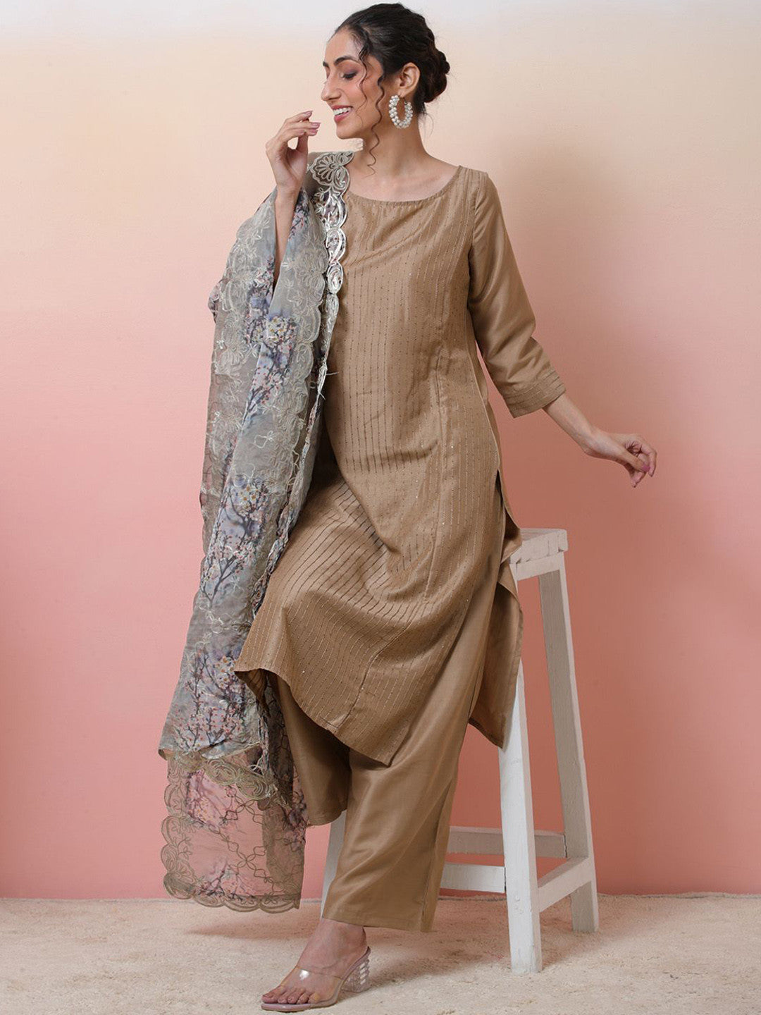 Striped Embroidered Boat Neck Sequinned Straight Kurta With Palazzo & Dupatta