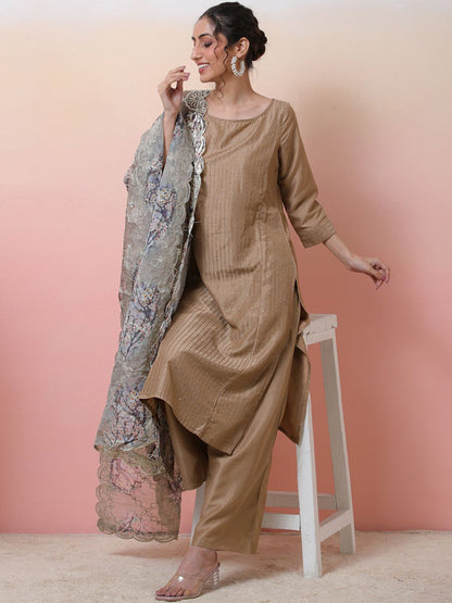 Striped Embroidered Boat Neck Sequinned Straight Kurta With Palazzo & Dupatta