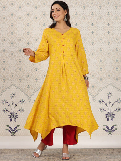 Dhiyona OD  Ethnic Motifs Printed V-Neck Asymmetric A-Line Kurta