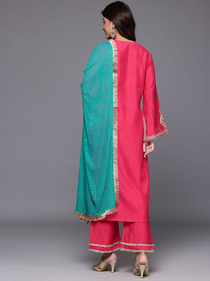 Dhiyona VA Geometric Embroidered Mirror Work Straight Kurta with Palazzo & Dupatta