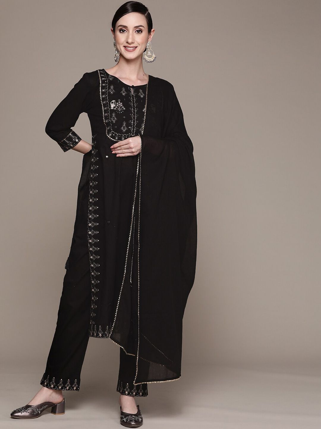 Dhiyona IS Women's Ethnic Motifs Embroidered Mirror Work High Slit Kurta with Trousers & Dupatta
