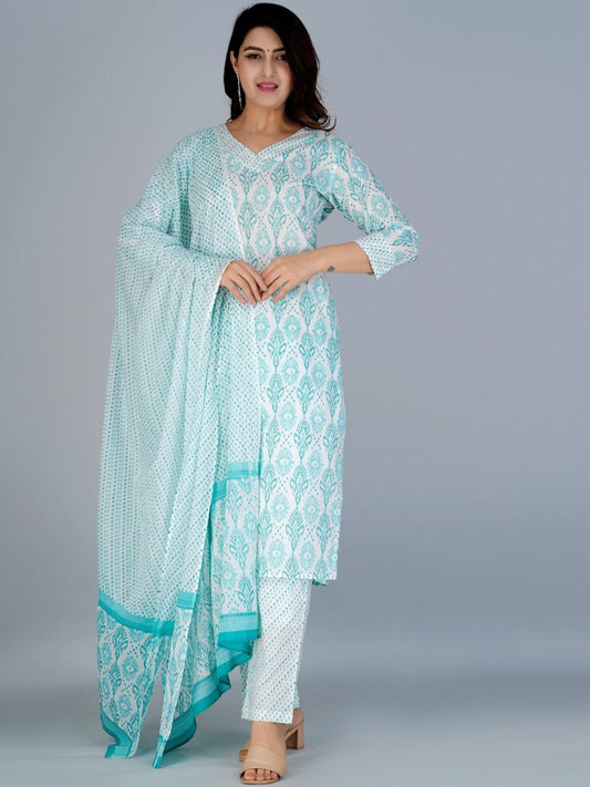 Dhiyona KL Ethnic Motifs Printed Pure Cotton Kurta & Trousers With Dupatta