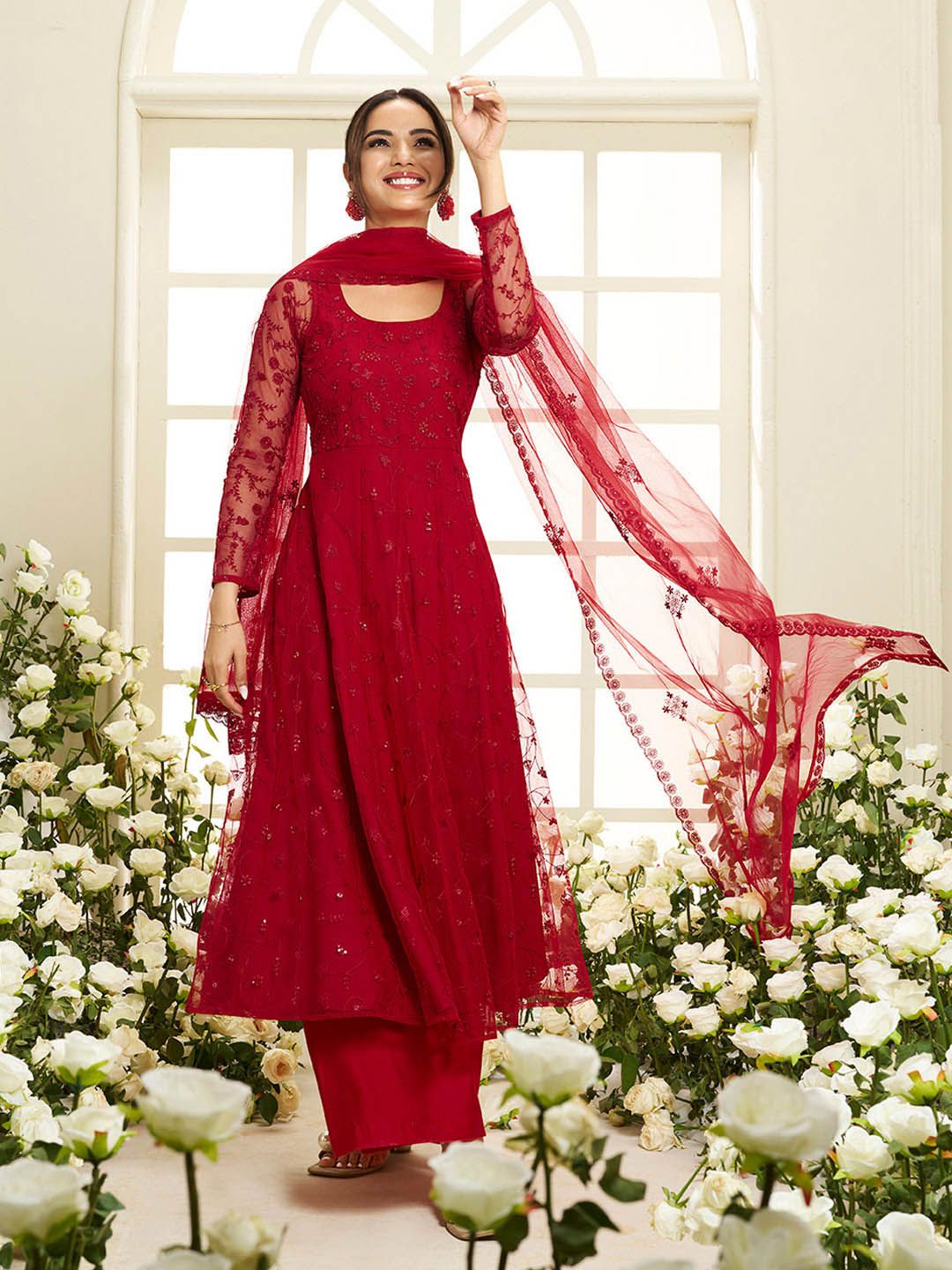 Dhiyona IN Floral Embroidered Round Neck Sequinned Anarkali Kurta With Palazzos & Dupatta