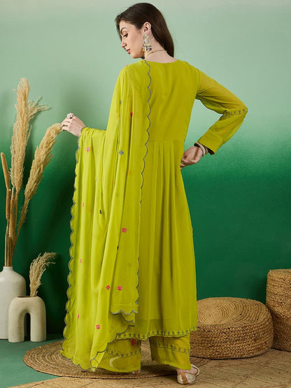 Dhiyona KL Floral Embroidered Regular Straight Kurta with Palazzos & Dupatta