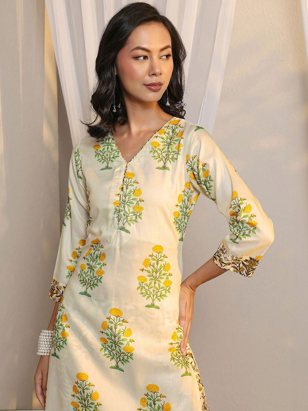 Off White Floral Printed Chanderi Silk Straight Suit Set with Dupatta
