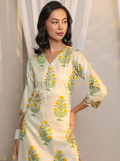 Off White Floral Printed Chanderi Silk Straight Suit Set with Dupatta