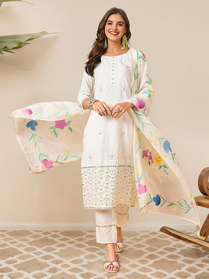 Dhiyona IS Women's Floral Embroidered Mirror Work Pure Cotton Kurta with Trousers & Dupatta
