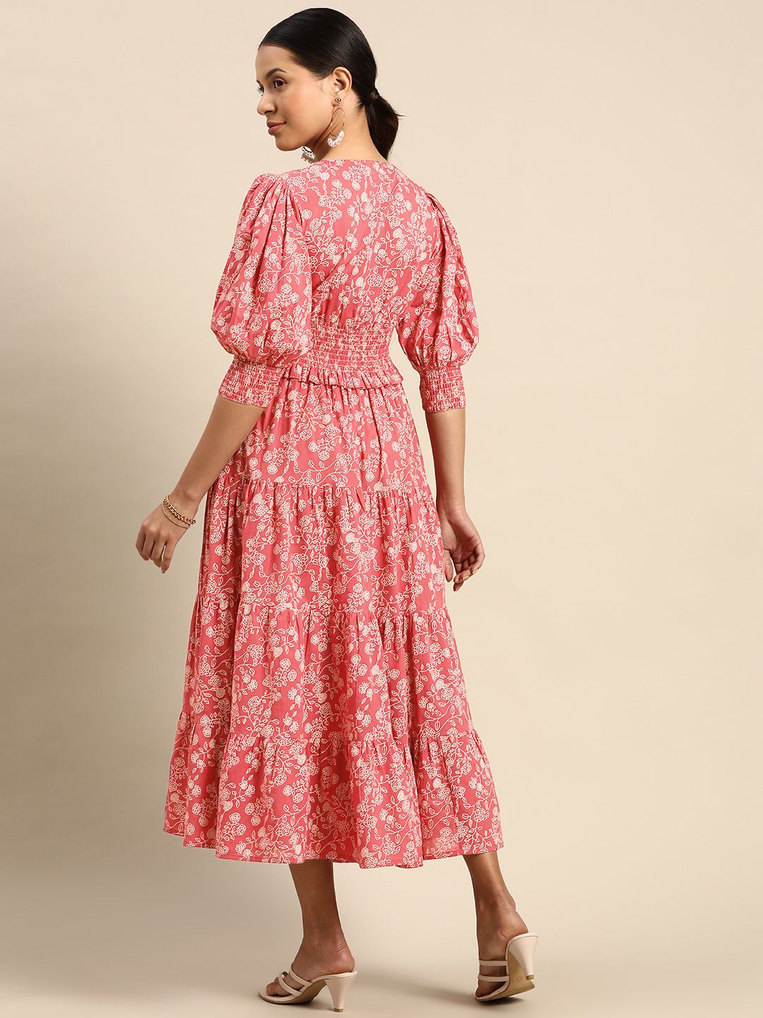Dhiyona AY Women's Floral Printed Smocked Fit & Flare Maxi Dress