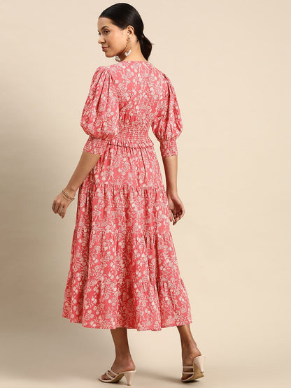 Dhiyona AY Women's Floral Printed Smocked Fit & Flare Maxi Dress