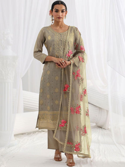 Women Regular Thread Work Kurta with Trousers & With Dupatta