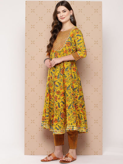 Dhiyona KL Pure Cotton Floral Printed Anarkali Gotta Patti Kurta With Trousers & With Dupatta