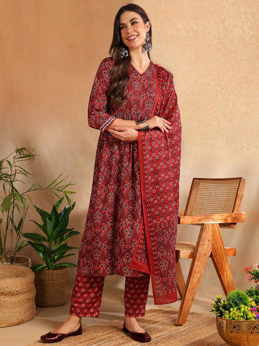 Dhiyona KL Floral Printed V-Neck Pleated A-Line Kurta With Trousers & Dupatta