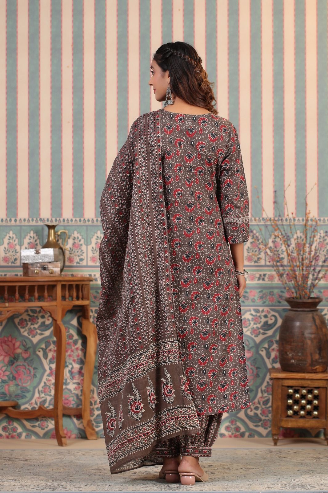 Dhiyona IS Women's Kalamkari Printed Zari embroidered Cotton Kurta with Trouser & Cotton Dupatta