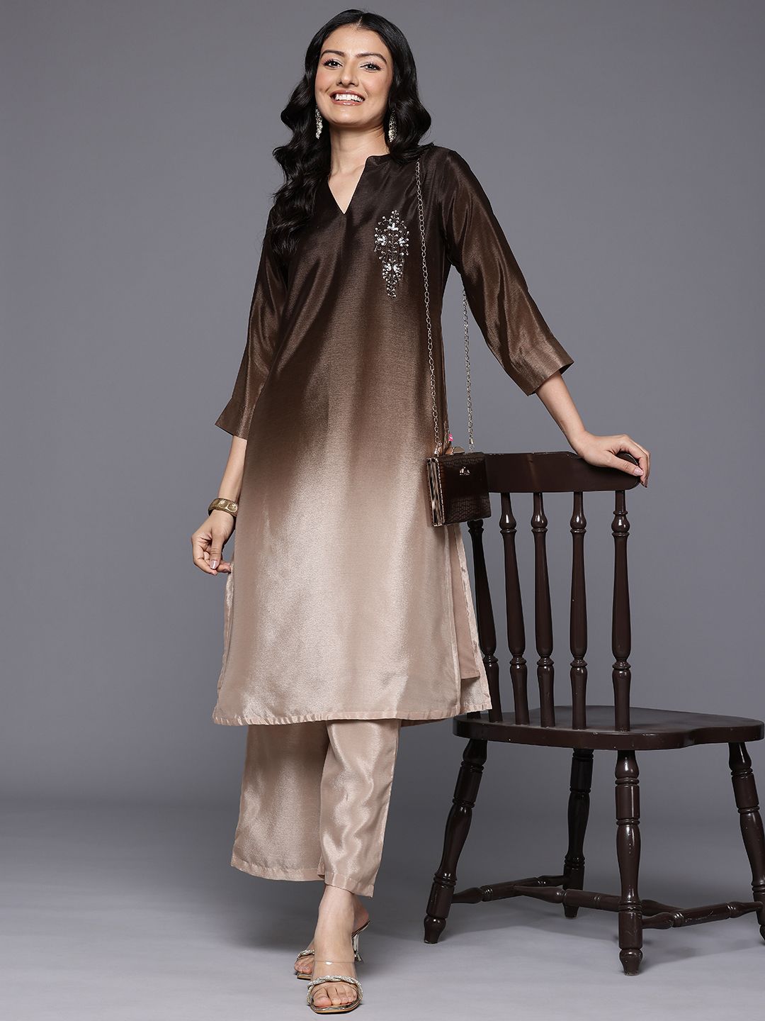 Camel Brown Ombre Sequine Embroidered Kurta with Trouser