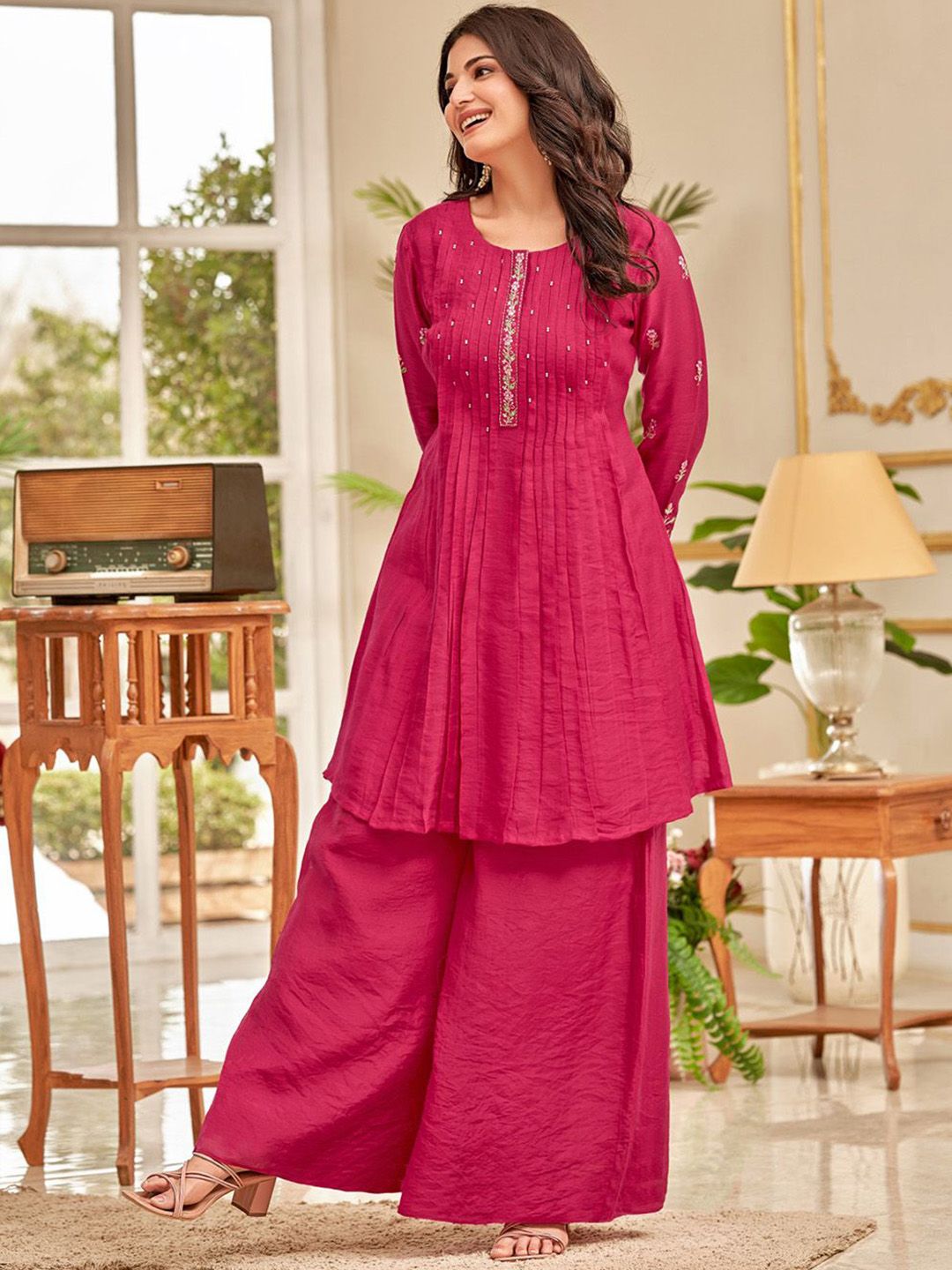 Pink Floral Embroidered Thread Work Chanderi Cotton A-Line Kurta With Palazzos