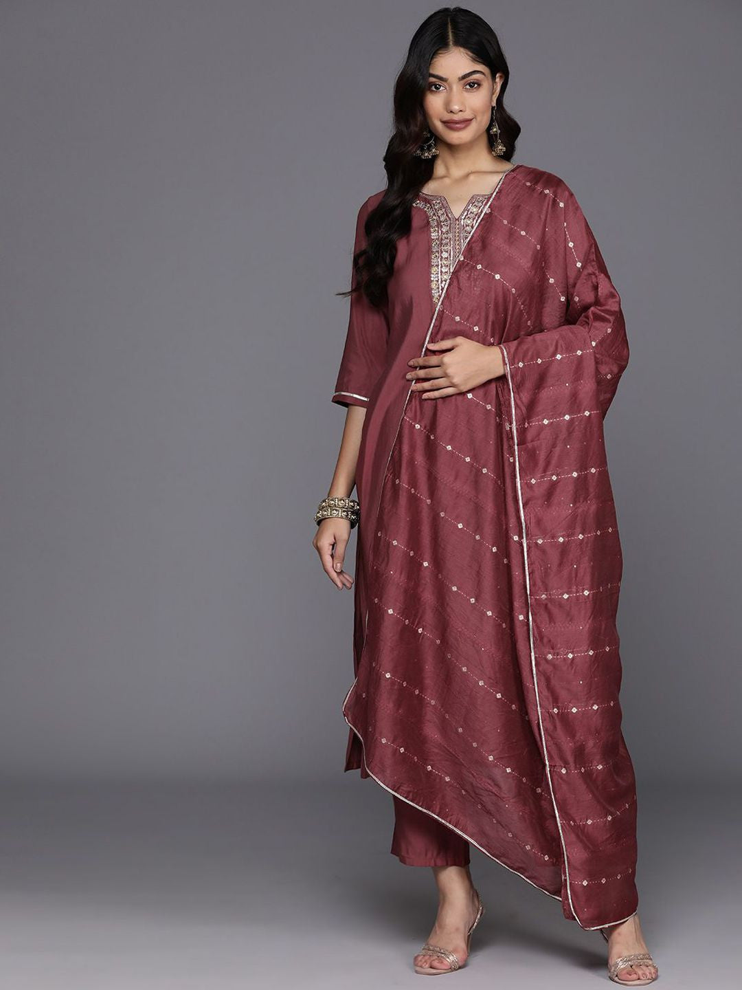 Floral Yoke Design Regular Sequinned Straight Kurta With Trousers & Dupatta