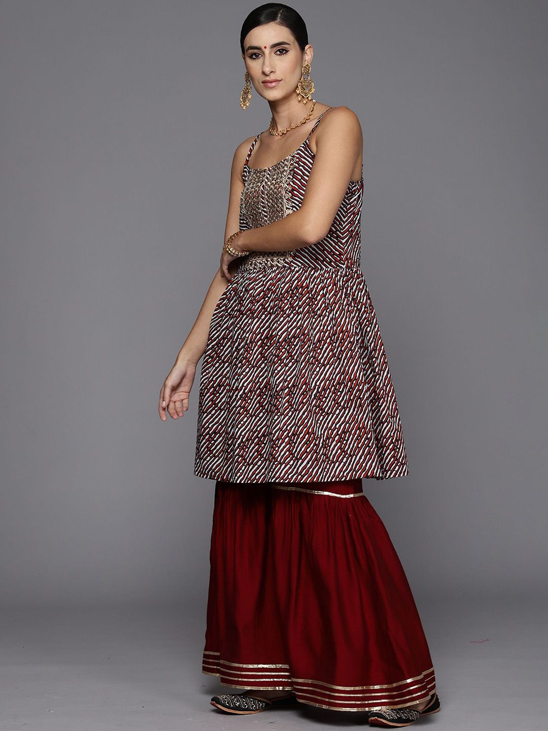 Dhiyona AN Abstract Printed Shoulder Straps Satin Kurta With Sharara & Dupatta