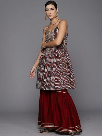 Dhiyona AN Abstract Printed Shoulder Straps Satin Kurta With Sharara & Dupatta