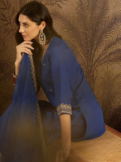 Dhiyona SN Embroidered Sequence Kurta & Palazzos with Dupatta Set