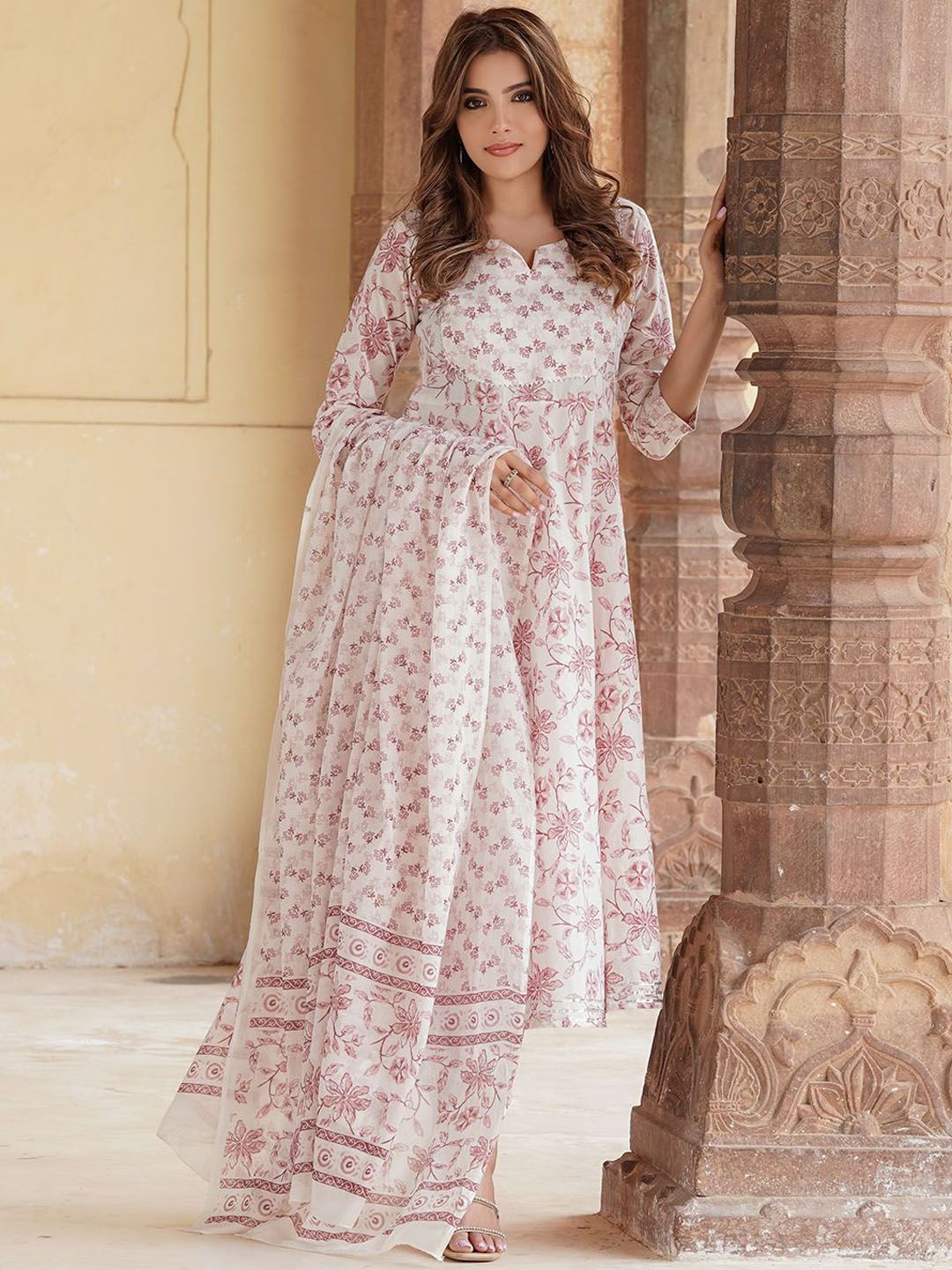 Dhiyona KL Floral Printed Notch Neck Pure Cotton Anarkali Kurta with Trousers & Dupatta