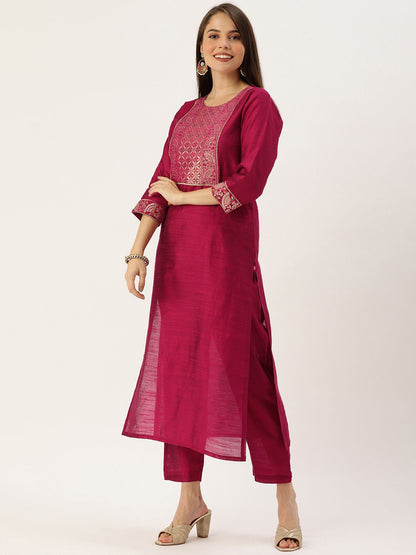Dhiyona VA Women's Magenta Pink Yoke Woven Design Kurta with Trousers