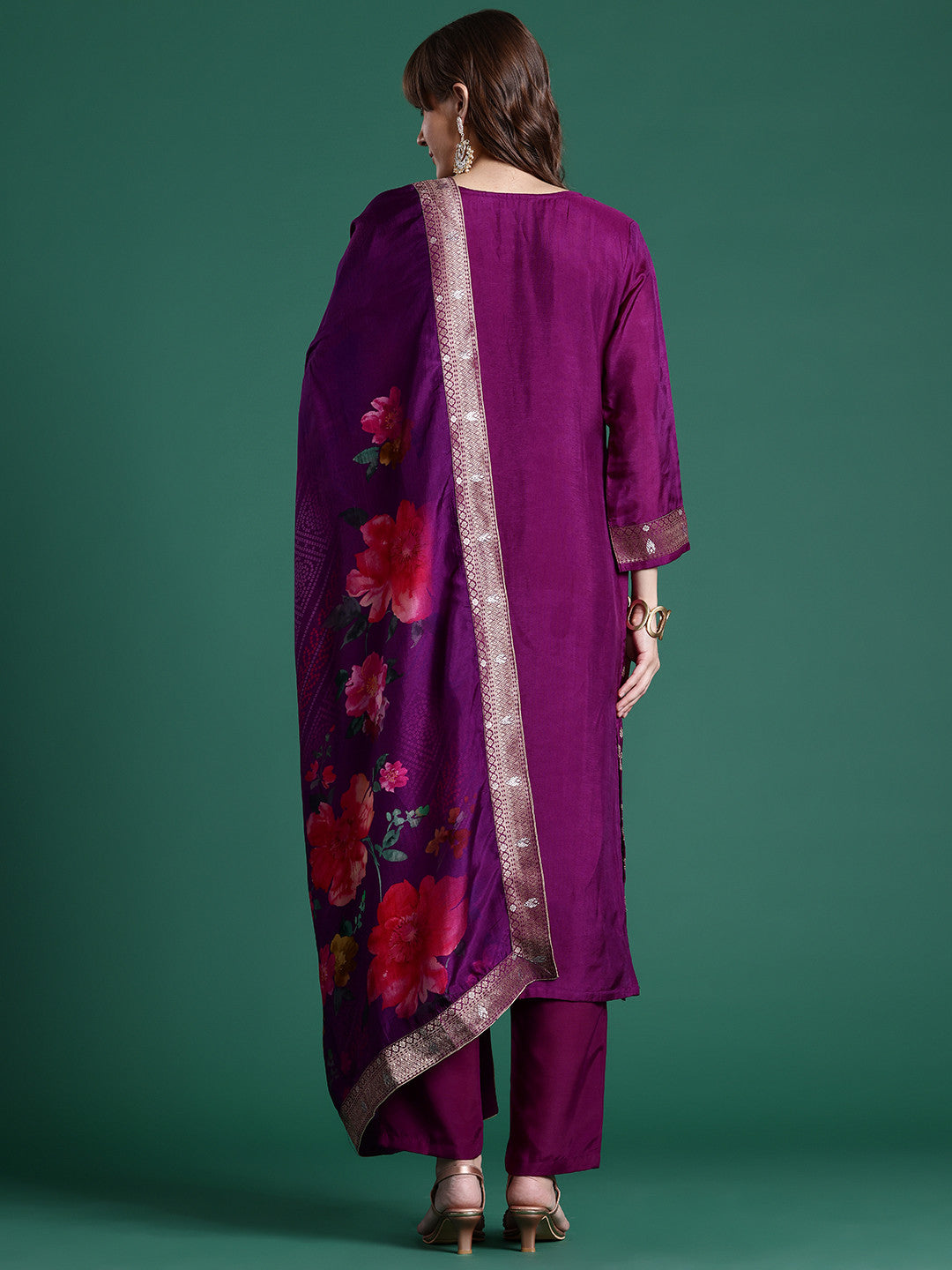 Embroidered Regular Kurta With Trousers & Dupatta