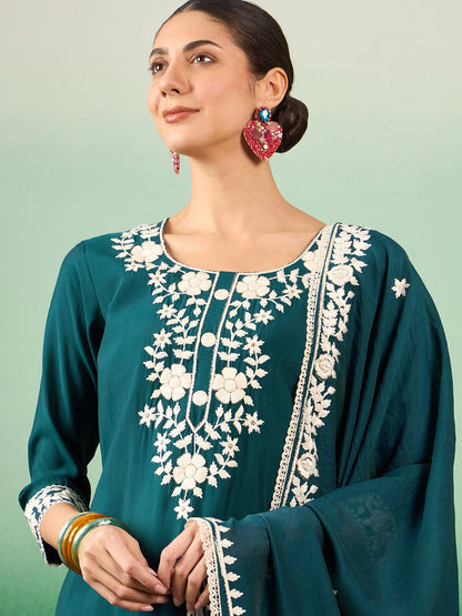 Teal Green Floral Embroidered Jacquard Straight Kurta With Trousers & Dupatta