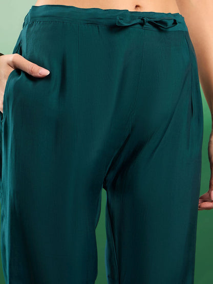 Teal Green Floral Embroidered Jacquard Straight Kurta With Trousers & Dupatta