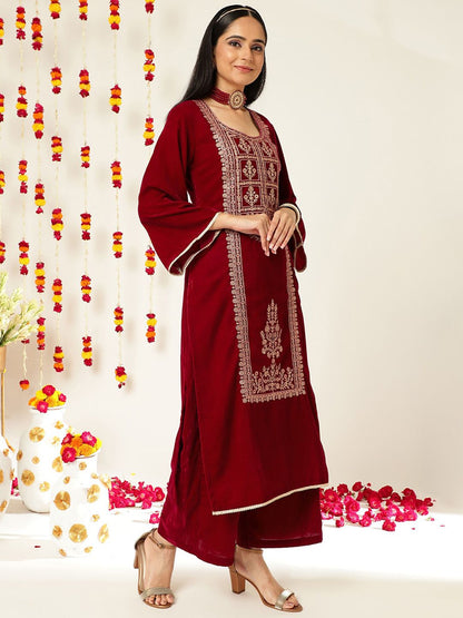 Dhiyona VA Burgundy Ethnic Motifs Embroidered Velvet Kurta With Palazzos & Dupatta