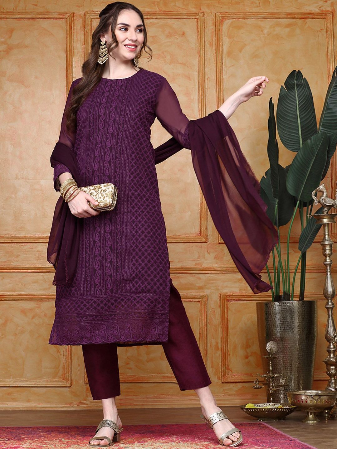 Dhiyona IS Women's Paisley Embroidered Regular Chikankari Kurta with Trousers & With Dupatta