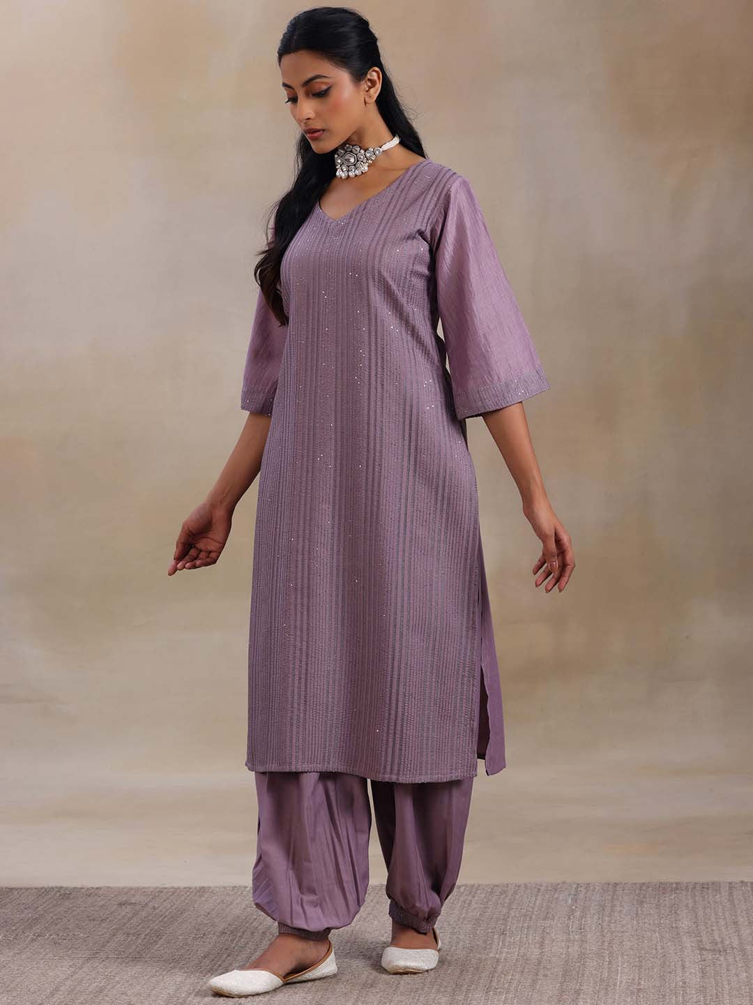 Striped Regular Thread Work Kurta with Salwar & With Dupatta