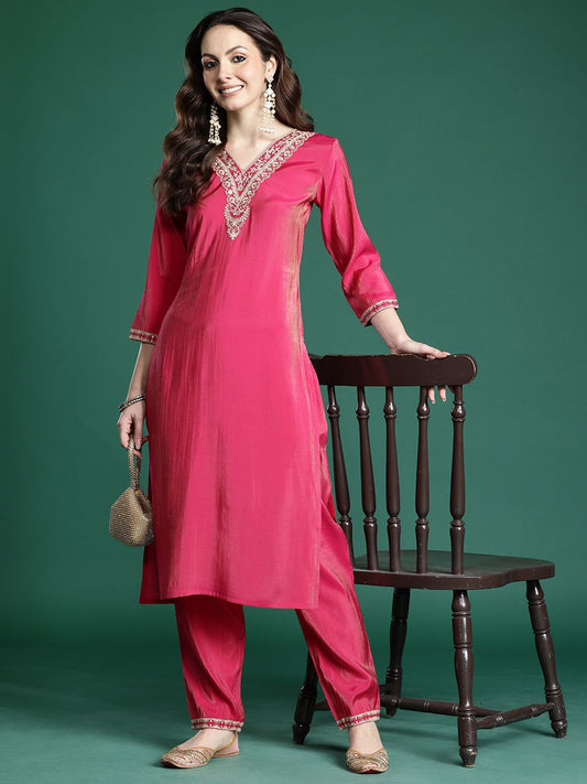 Ethnic Motifs Embroidered Regular Kurta with Trousers