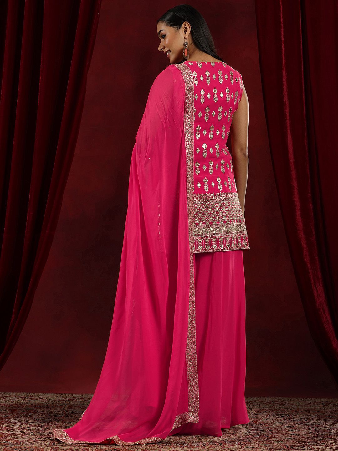 Dhiyona LL Floral Embroidered Regular Mirror Work Straight Kurta With Palazzos & Dupatta