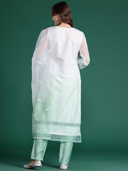 Floral Embroidered Regular Sequinned Kurta With Trousers & Dupatta