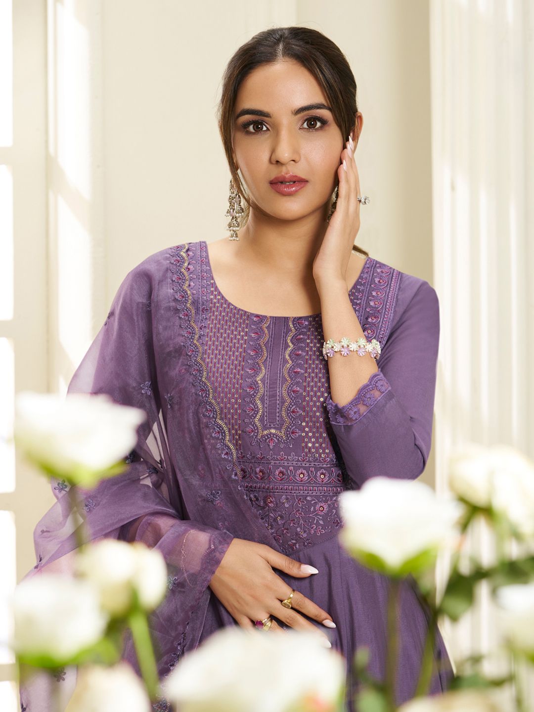 Dhiyona IN Floral Yoke Design Round Neck Sequinned Anarkali Kurta With Palazzos & Dupatta