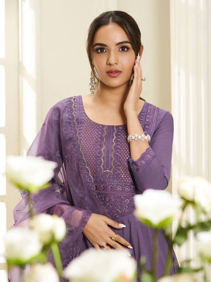 Dhiyona IN Floral Yoke Design Round Neck Sequinned Anarkali Kurta With Palazzos & Dupatta