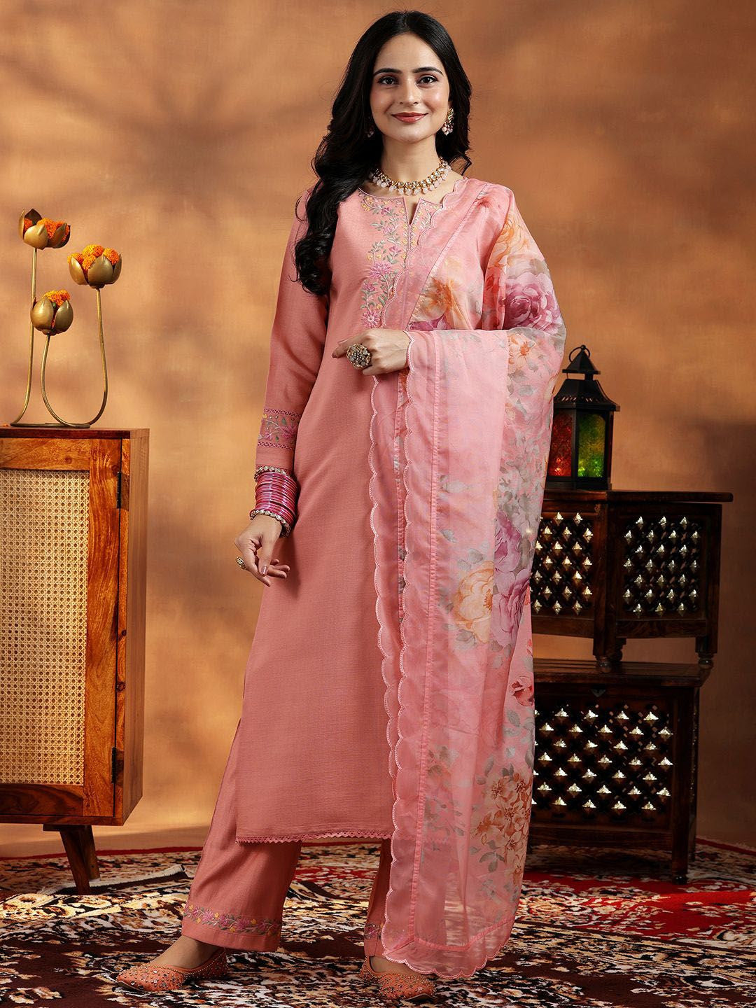 Floral Yoke Design Thread Work Straight Kurta With Trousers & Dupatta