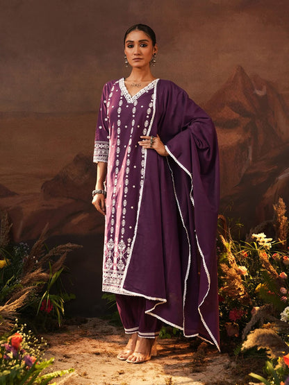 Dhiyona IS Women's Ethnic Motifs Embroidered Thread Work Pure Cotton Kurta With Trousers & Dupatta