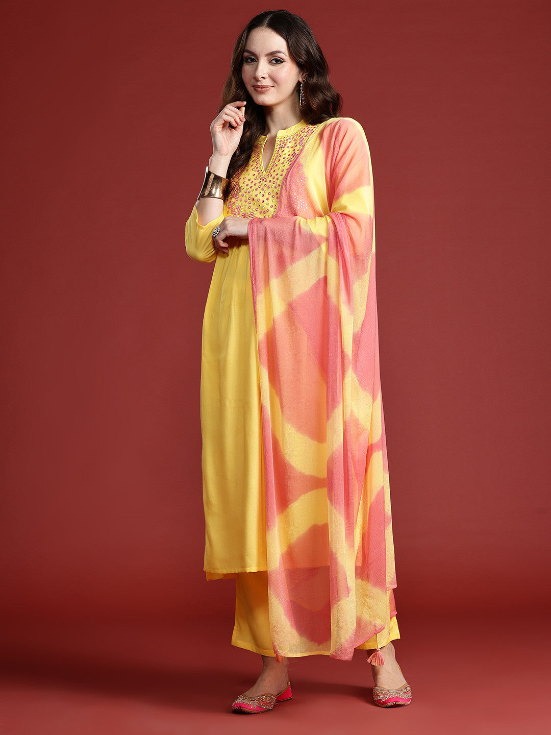 Women Embroidered Panelled Mirror Work Pure Cotton Kurta with Trousers & Dupatta